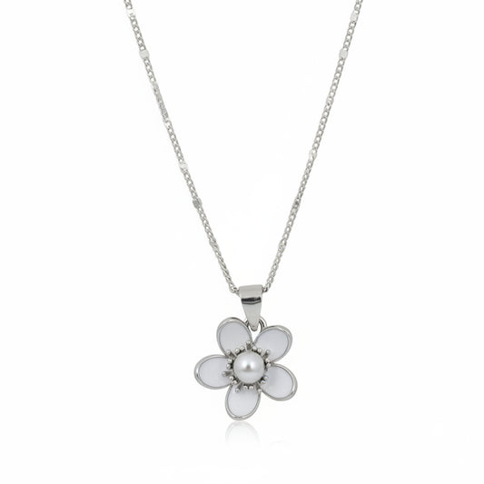 Pearl Flower Silver Pendant Necklace Chain For Women