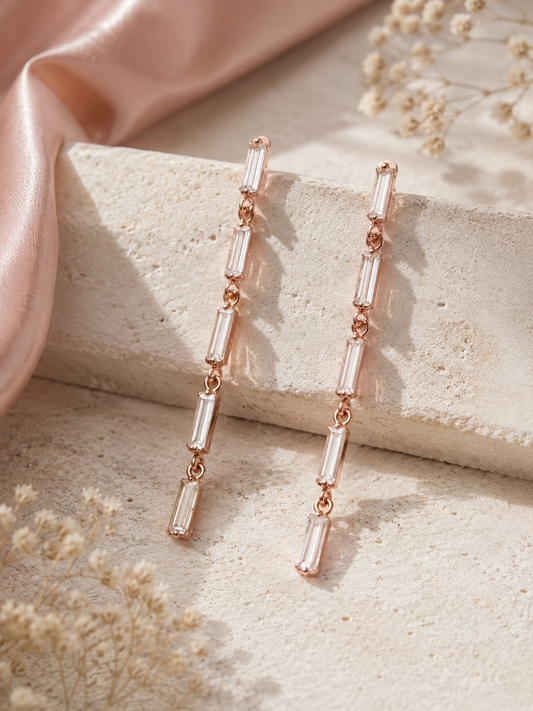 GAURA Celeste Rose Gold Baguette Drop Earrings
