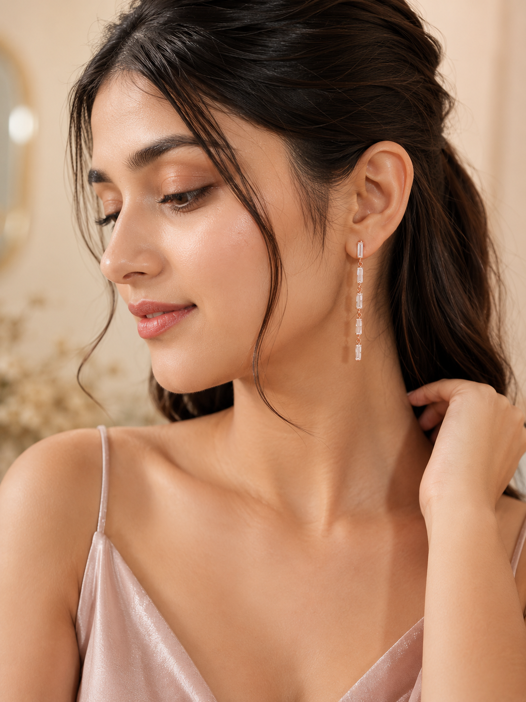 GAURA Celeste Rose Gold Baguette Drop Earrings