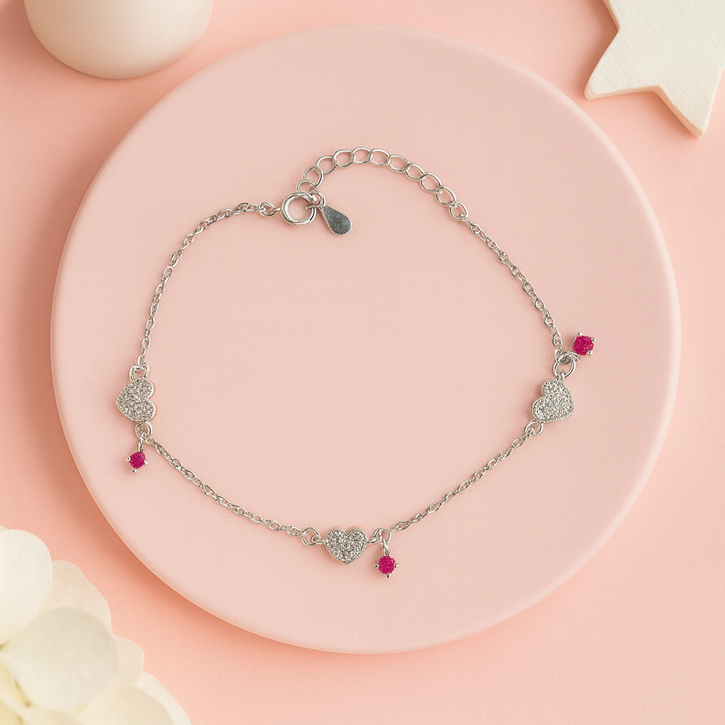 Dainty Heart & Ruby Drop Silver Bracelet