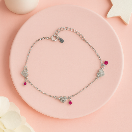 Dainty Heart & Ruby Drop Silver Bracelet