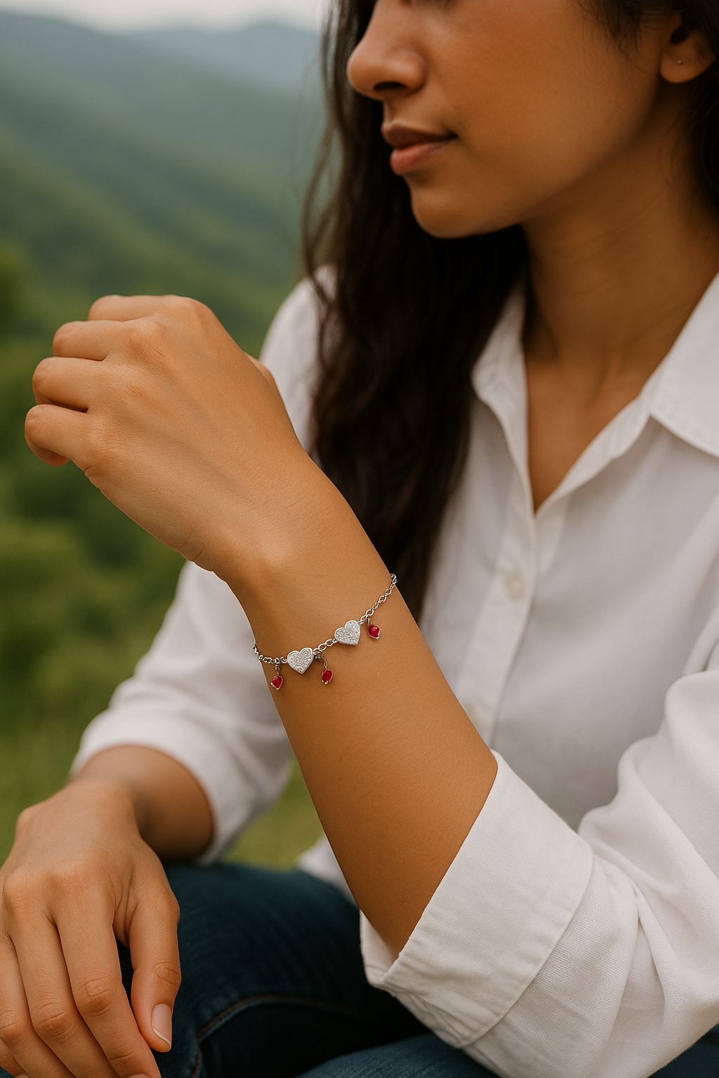 Dainty Heart & Ruby Drop Silver Bracelet