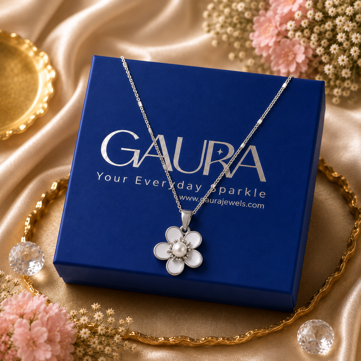 Trisha Pearl Flower Silver Pendant Necklace Chain For Women