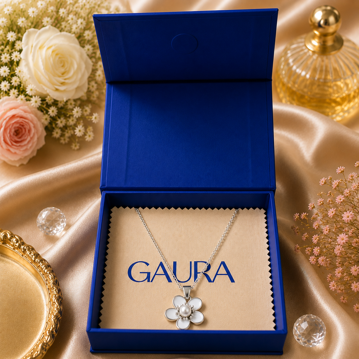 Trisha Pearl Flower Silver Pendant Necklace Chain For Women