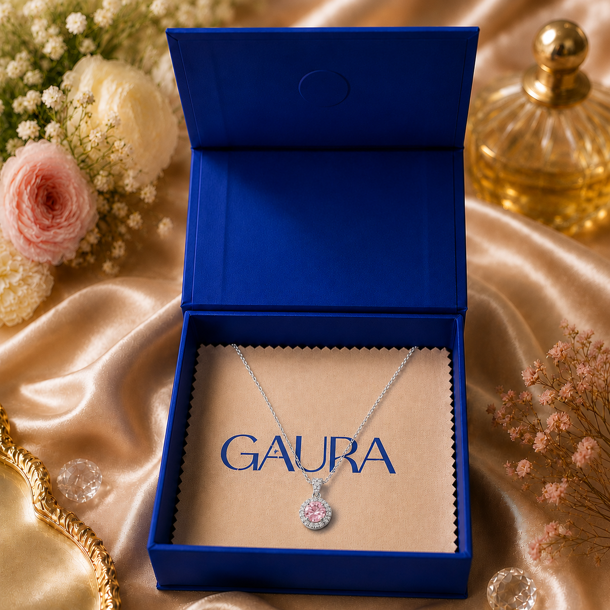 Gulika 925 Sterling Silver Pink Zircon Halo Necklace