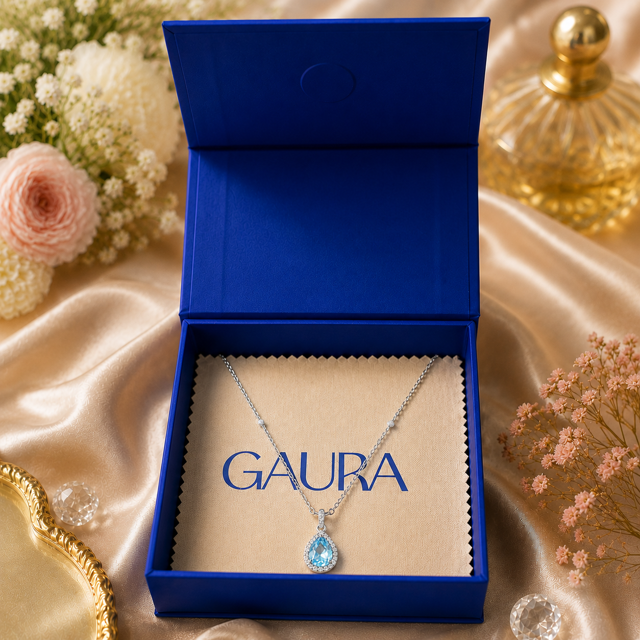 Aarunya 925 Sterling Silver Blue Topaz Teardrop Pendant Necklace