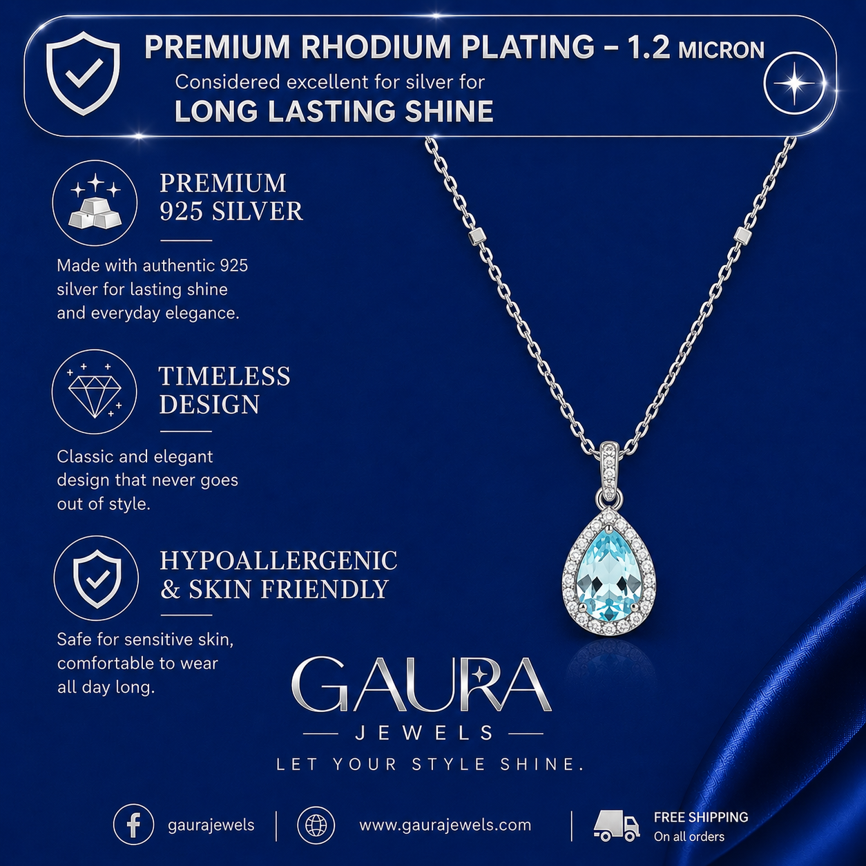 Aarunya 925 Sterling Silver Blue Topaz Teardrop Pendant Necklace