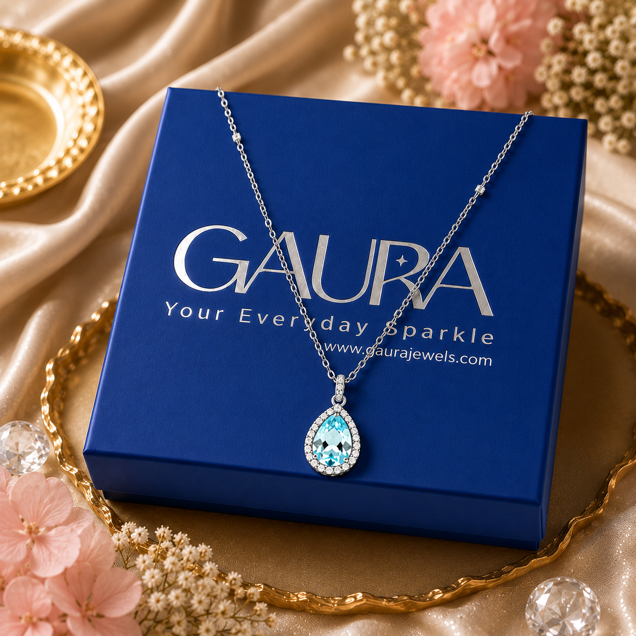 Aarunya 925 Sterling Silver Blue Topaz Teardrop Pendant Necklace