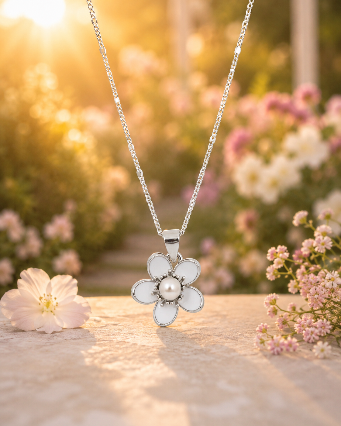 Trisha Pearl Flower Silver Pendant Necklace Chain For Women