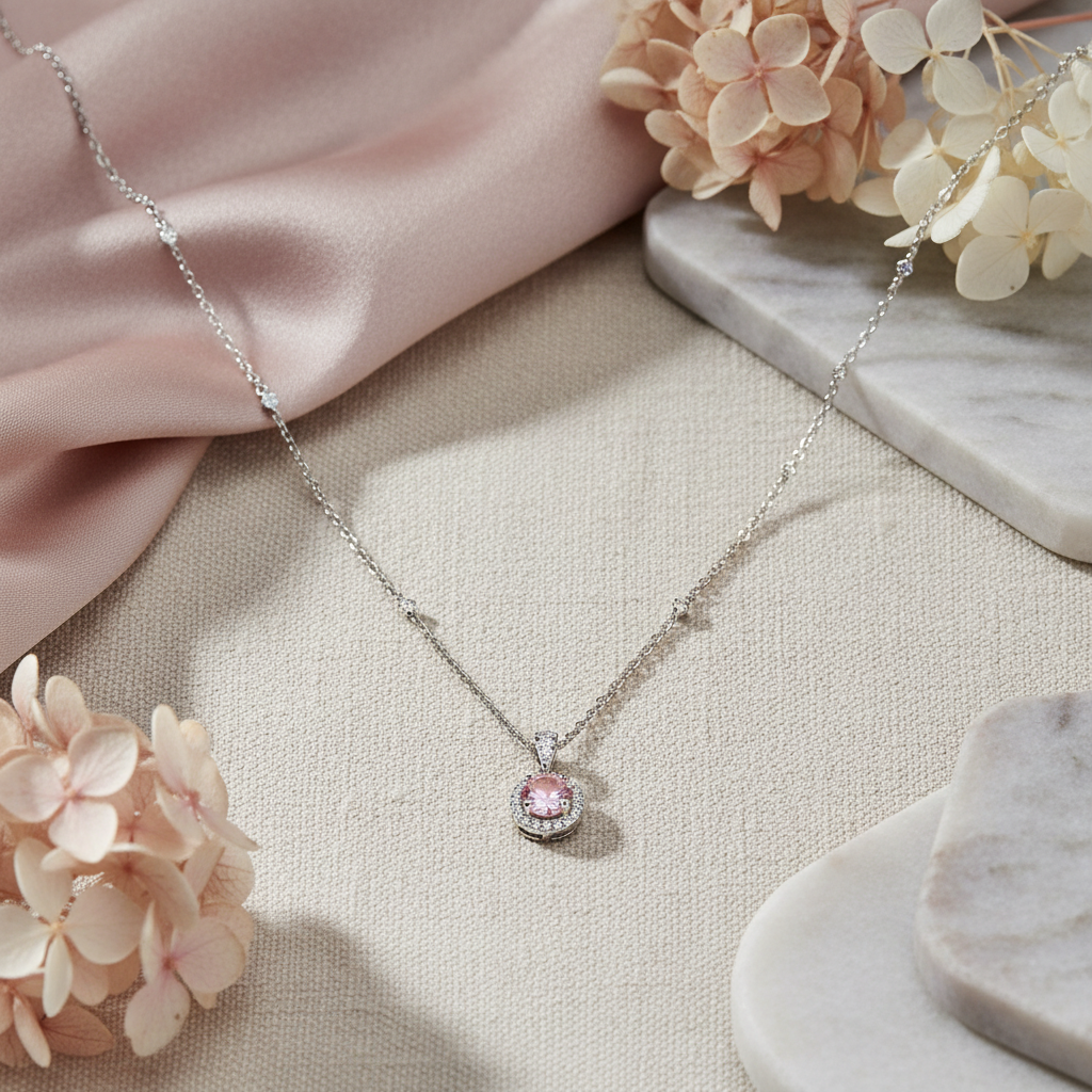 Gulika 925 Sterling Silver Pink Zircon Halo Necklace