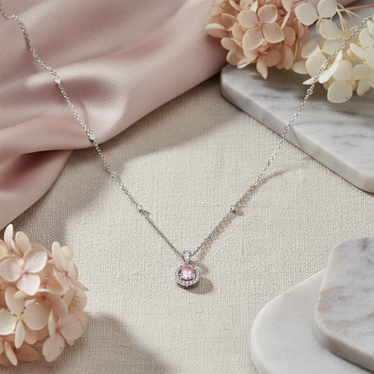 Gulika 925 Sterling Silver Pink Zircon Halo Necklace