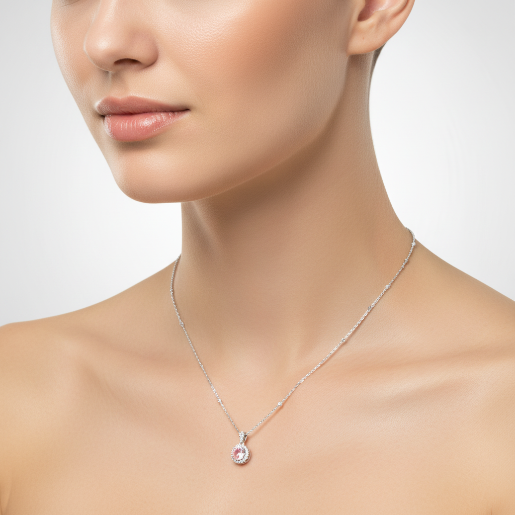 Gulika 925 Sterling Silver Pink Zircon Halo Necklace