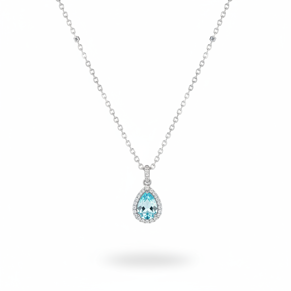 Aarunya 925 Sterling Silver Blue Topaz Teardrop Pendant Necklace