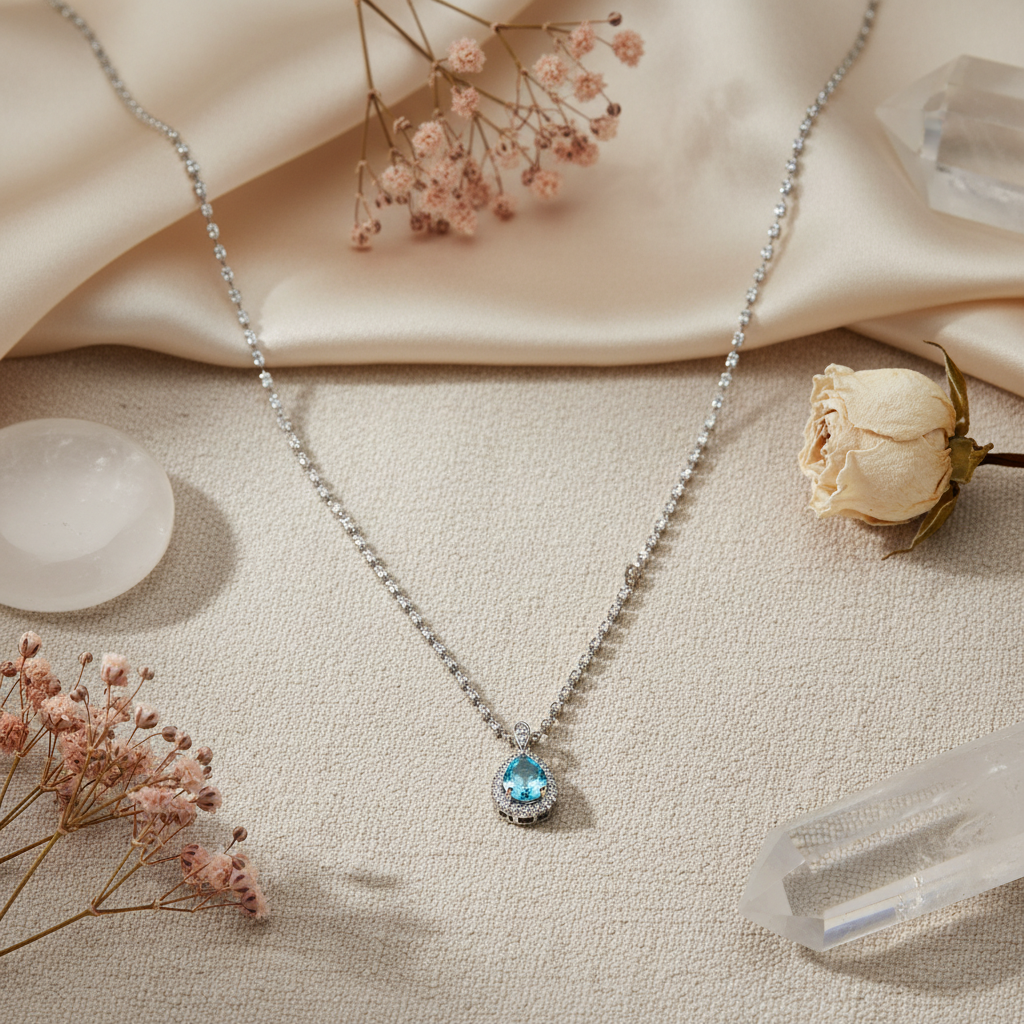 Aarunya 925 Sterling Silver Blue Topaz Teardrop Pendant Necklace