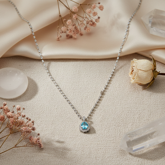 Aarunya 925 Sterling Silver Blue Topaz Teardrop Pendant Necklace
