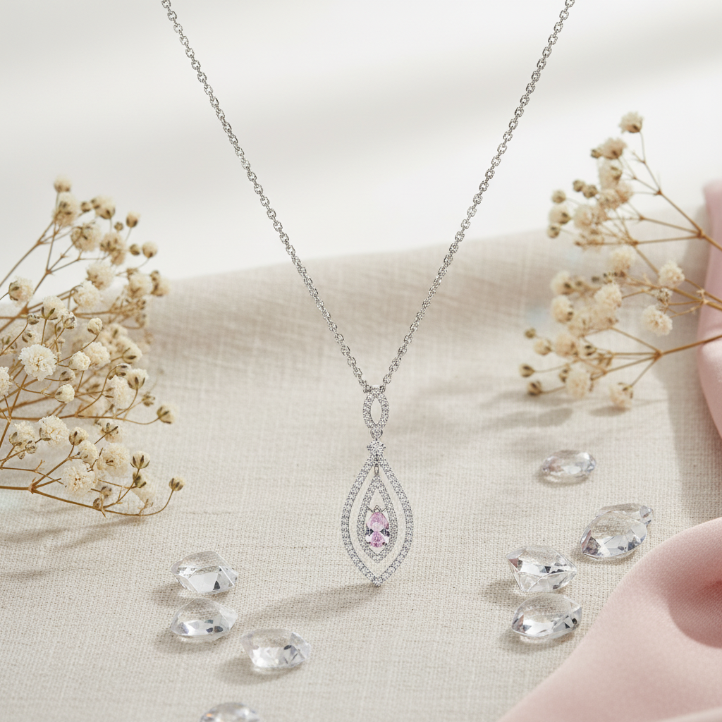 Tvesha 925 Sterling Silver Pink Zircon Drop Necklace