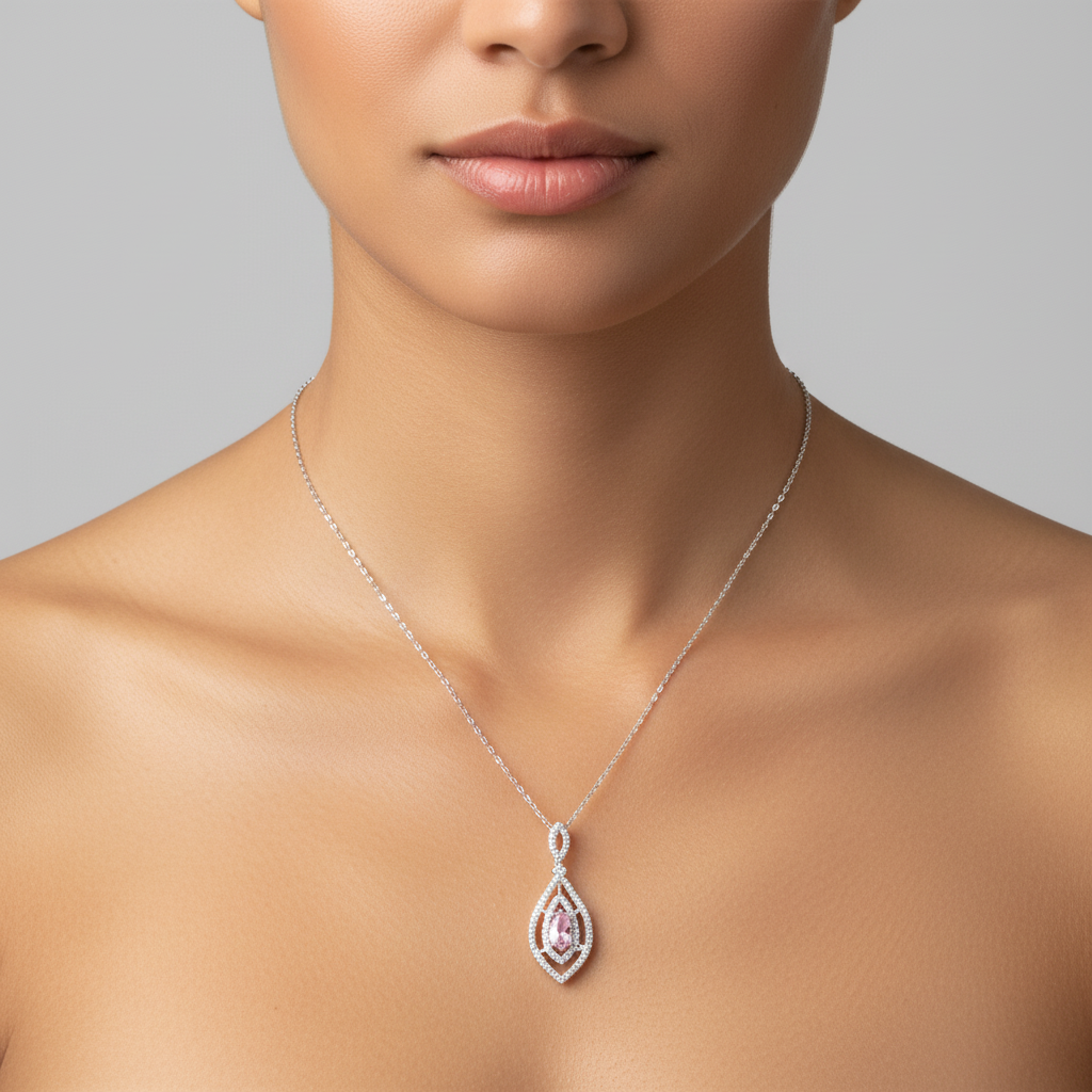 Tvesha 925 Sterling Silver Pink Zircon Drop Necklace