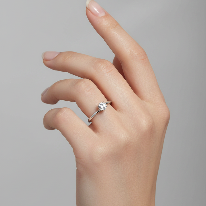 Classic Silver Solitaire Ring with Round-Cut Crystal For Women