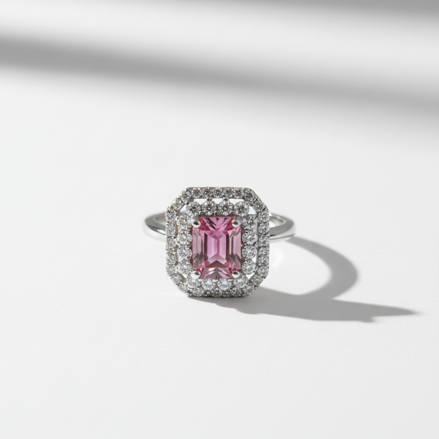 Royal Halo Pink Emerald-Cut Silver Plated Ring For Women