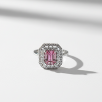Royal Halo Pink Emerald-Cut Silver Plated Ring For Women