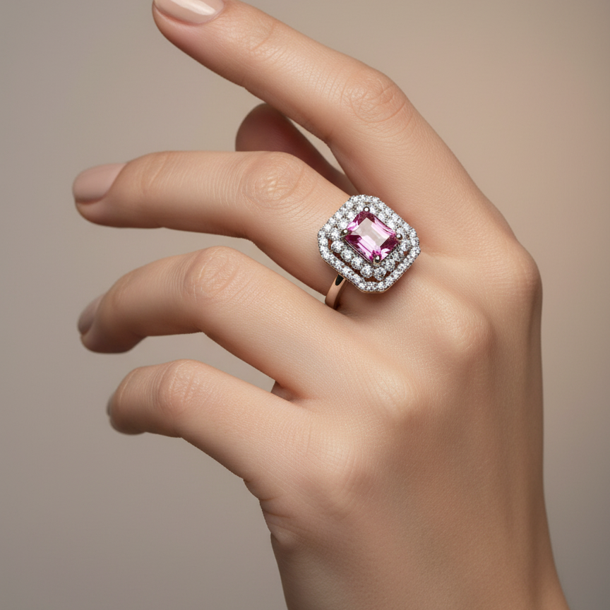 Royal Halo Pink Emerald-Cut Silver Plated Ring For Women