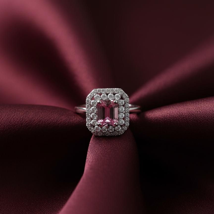 Royal Halo Pink Emerald-Cut Silver Plated Ring For Women